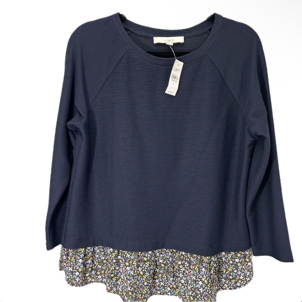 NWT LOFT Blue Ribbed Ditsy Floral Ruffle Small Tail Hem Layered Long Sleeve Top